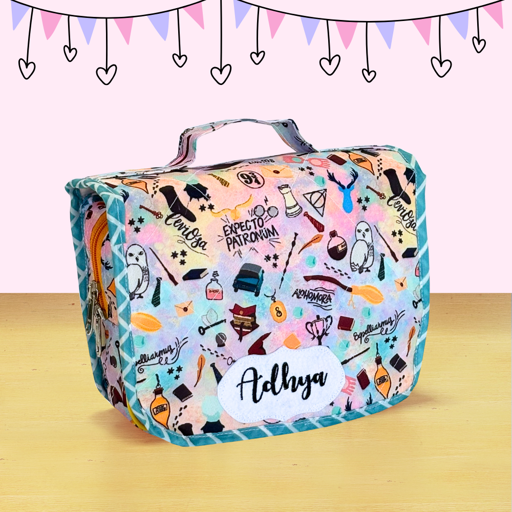 Colorful patterned bag with 'Adhya' branding 