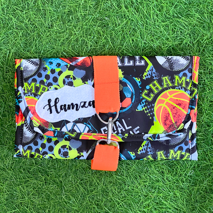 Colorful wallet with sports-themed