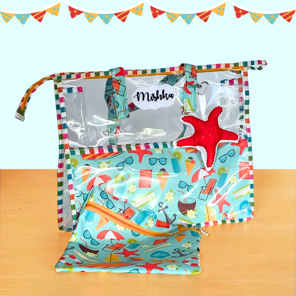 Colorful beach-themed pouch with a starfish and sunglasses desig