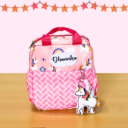 Pink backpack with unicorn design