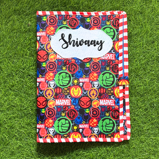 Colorful notebook with Marvel logos