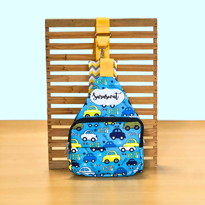 Blue sling bag with car pattern