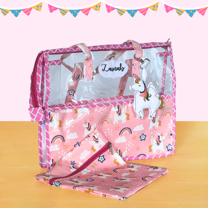 Pink unicorn-patterned bag with a clear compartment 