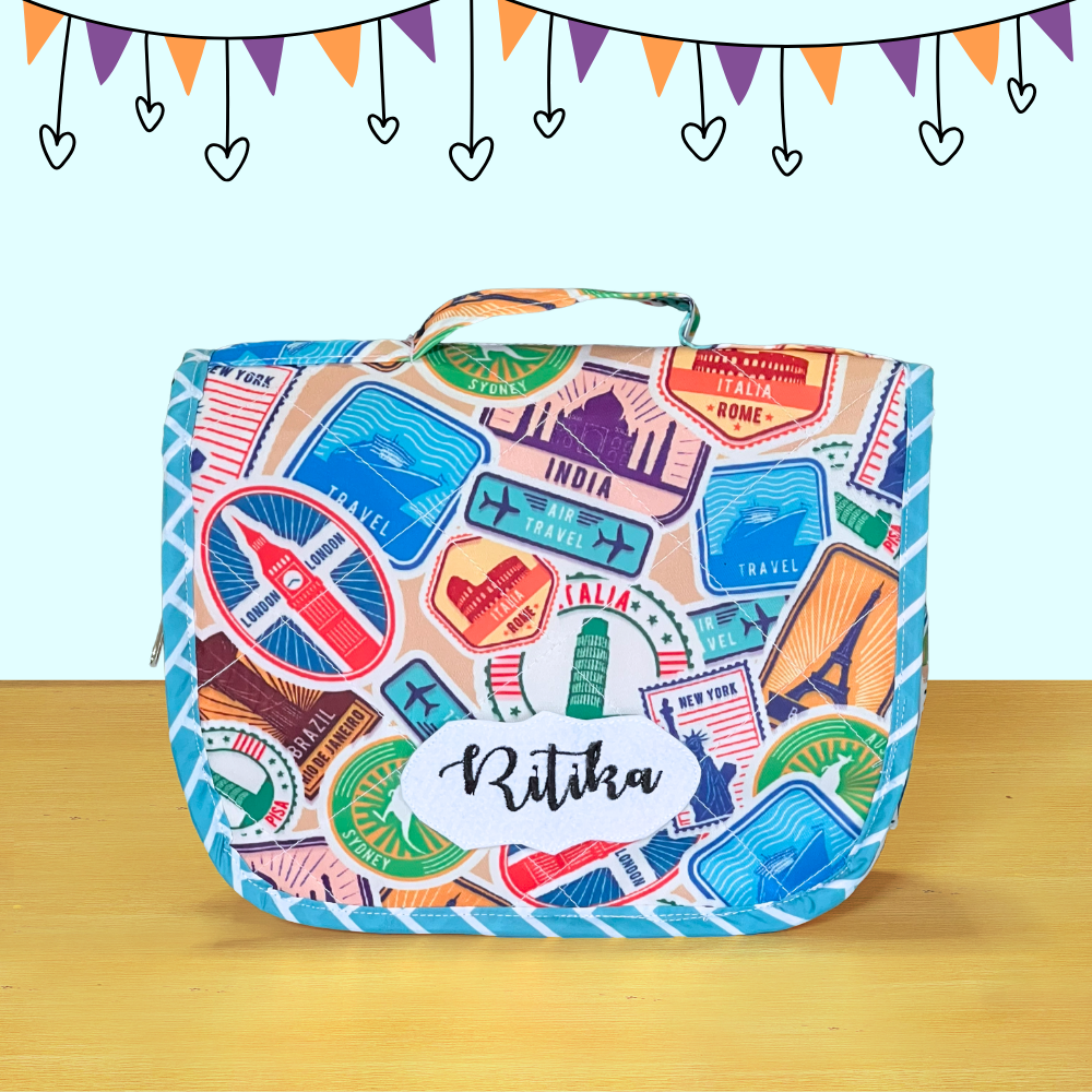 Colorful travel-themed pouch