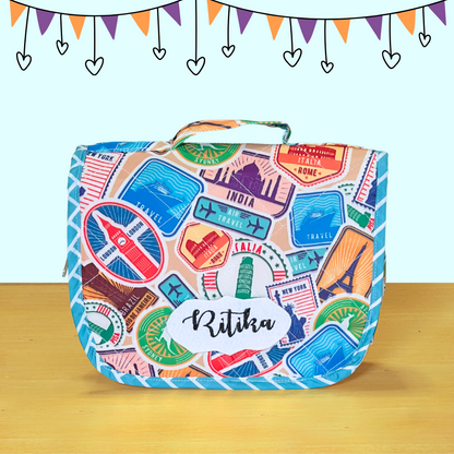Colorful travel-themed pouch