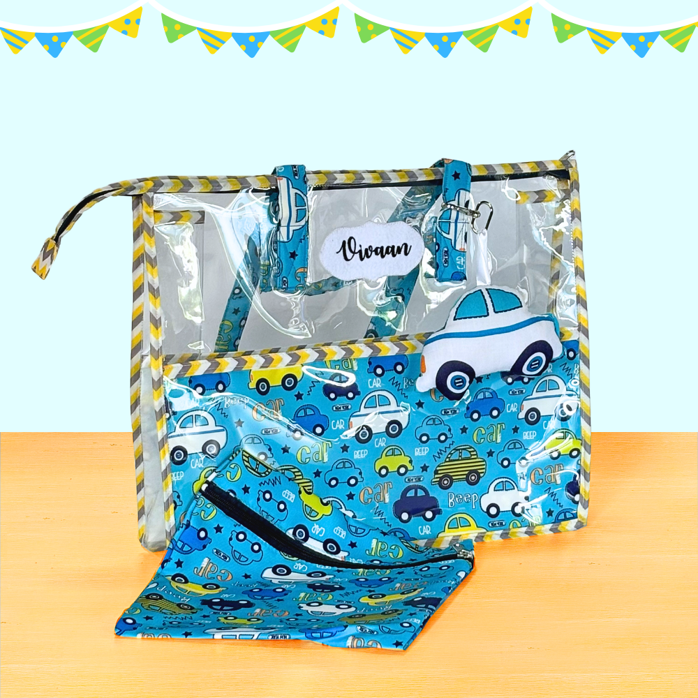 Clear pouch with car-themed design