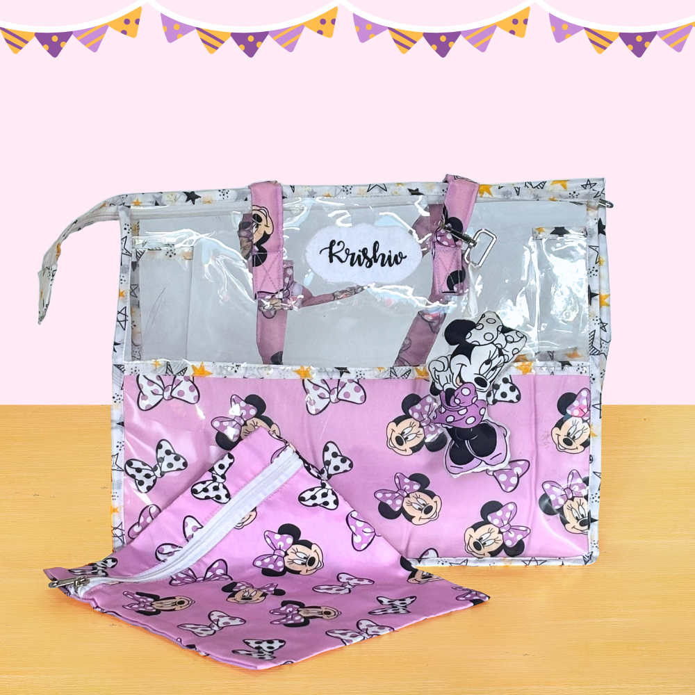 Pink Minnie Mouse-themed pouch with a clear window