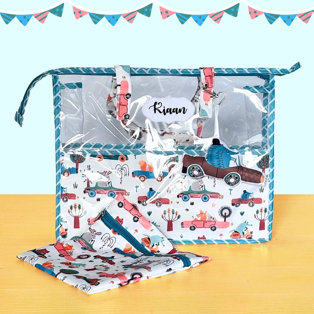 Baby diaper bag with car pattern on a