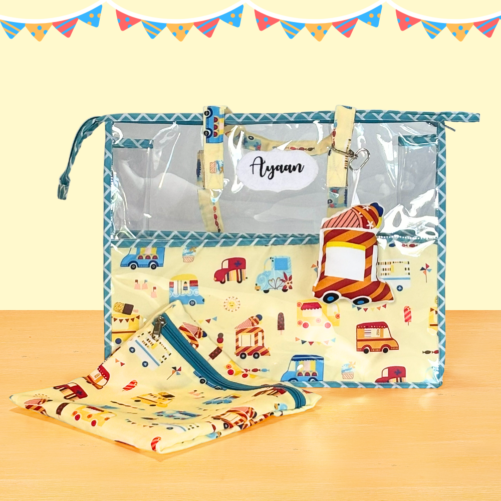 Baby changing bag with vehicle pattern