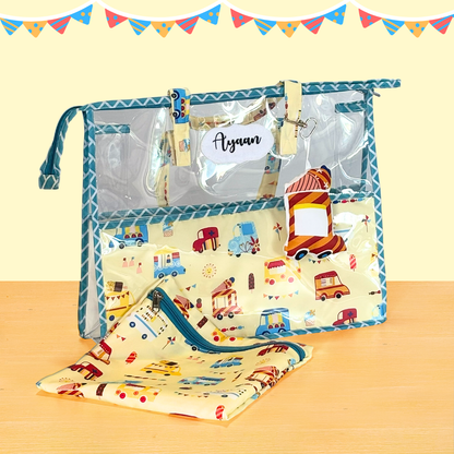 Baby changing bag with cartoon vehicle pattern
