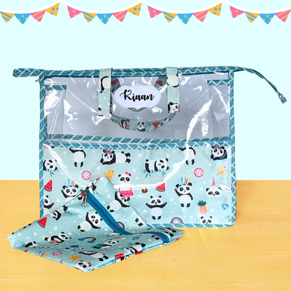 Children's tarp with panda design on a wooden surface, featuring the brand 'Kiaan'.