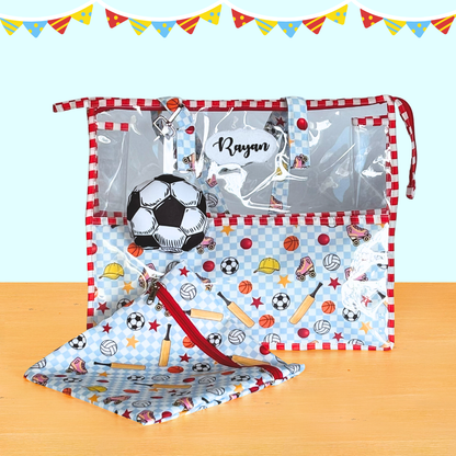 Children's play mat with sports-themed design