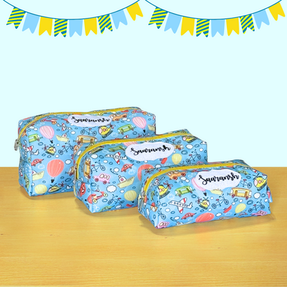 Three blue pencil cases