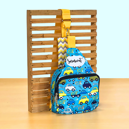 Blue backpack with car pattern