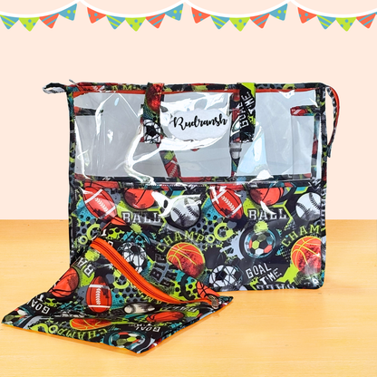 Multicolored sports-themed bag with clear front pocket