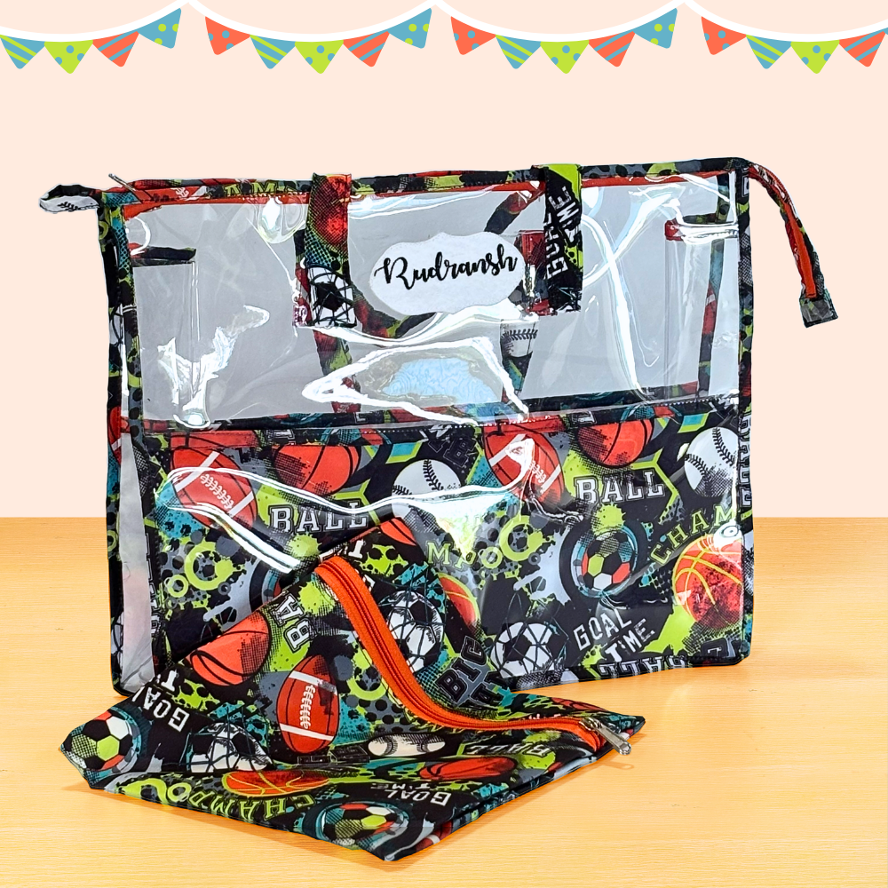 Clear pouch with sports-themed design