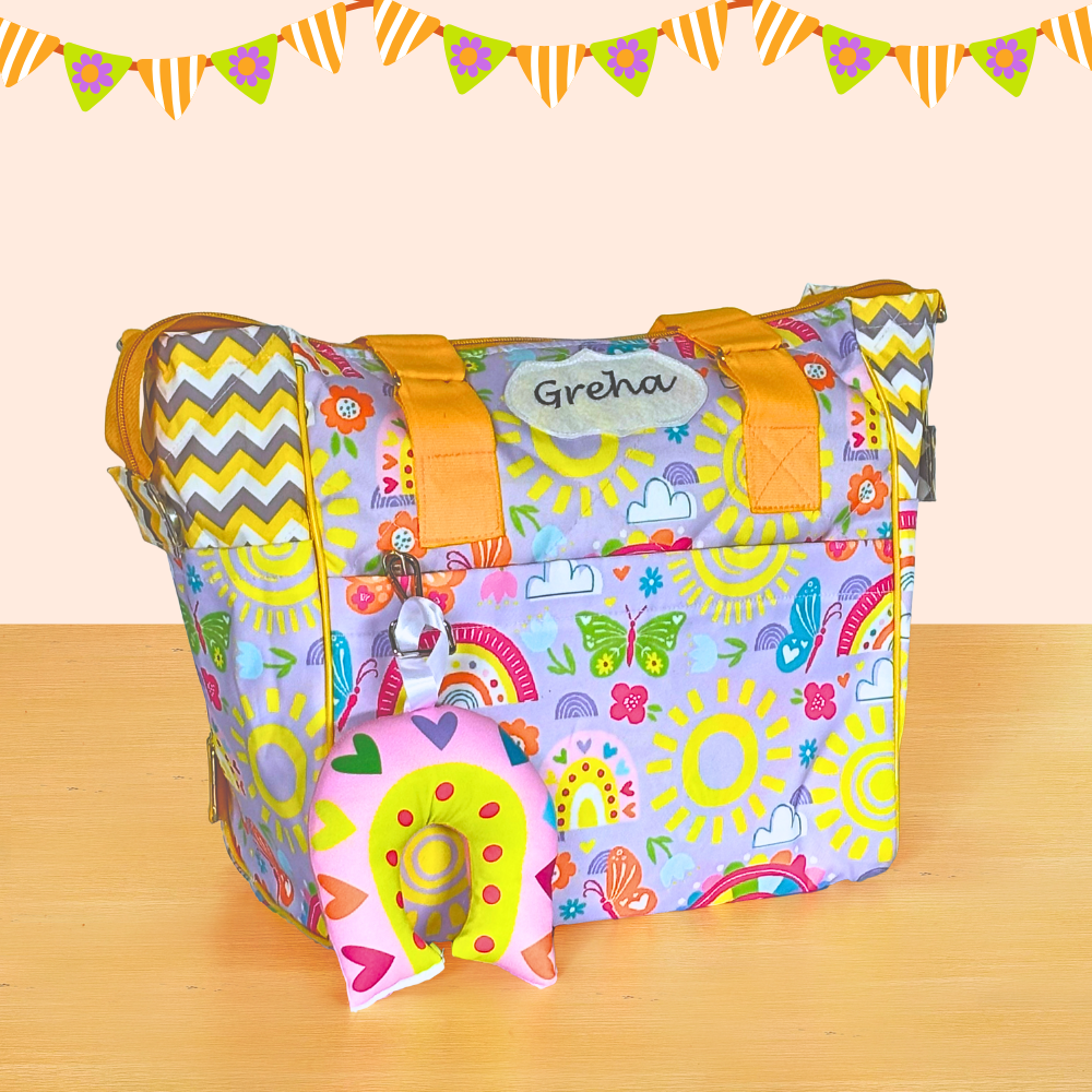 Colorful patterned bag with a name tag