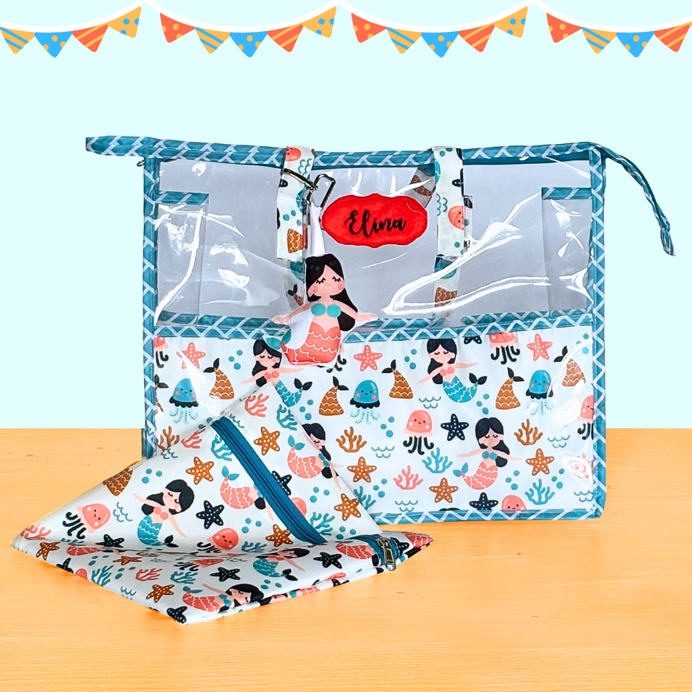 Mermaid-themed pouch with a clear front 