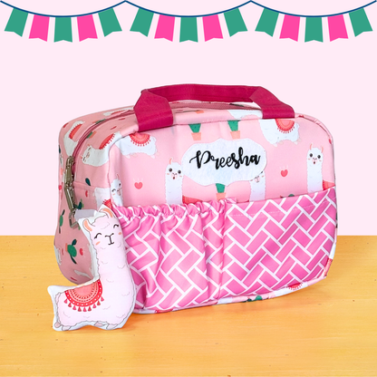 Pink lunch bag with llama design and 'Preeish