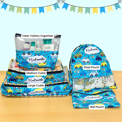 Set of blue children's toiletry bags