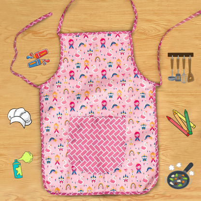 Pink children's apron with colorful patterns