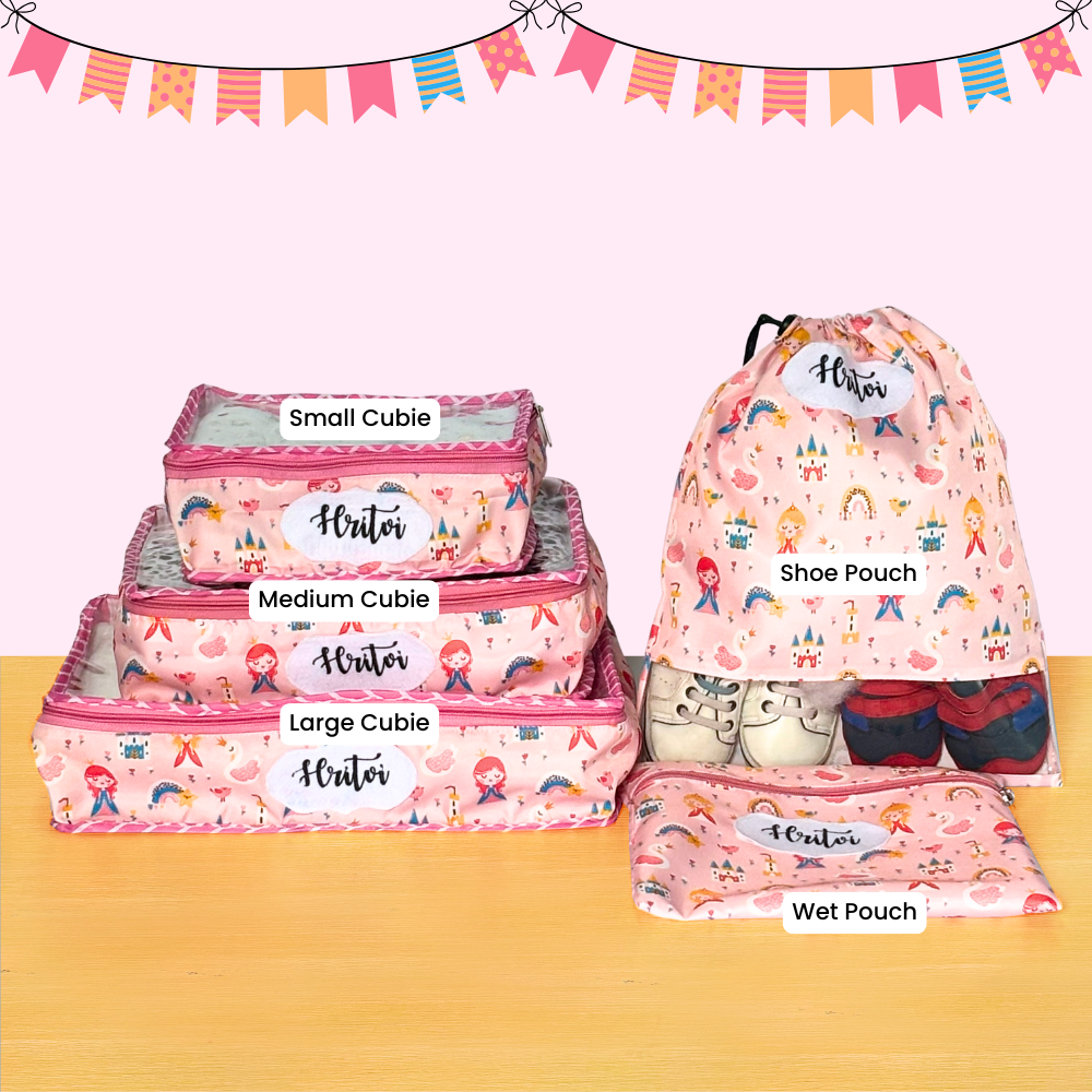 Set of pink travel pouches with labels