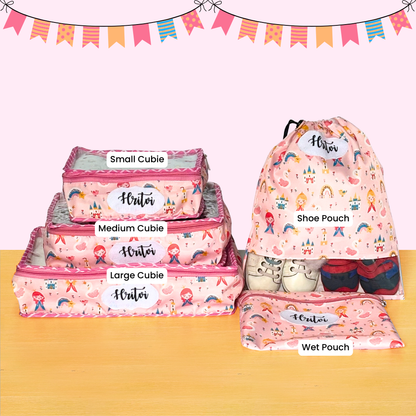 Set of pink travel pouches with labels