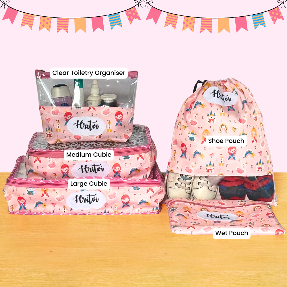 Set of pink travel organizers with label