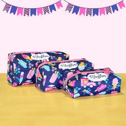 Three colorful pencil cases