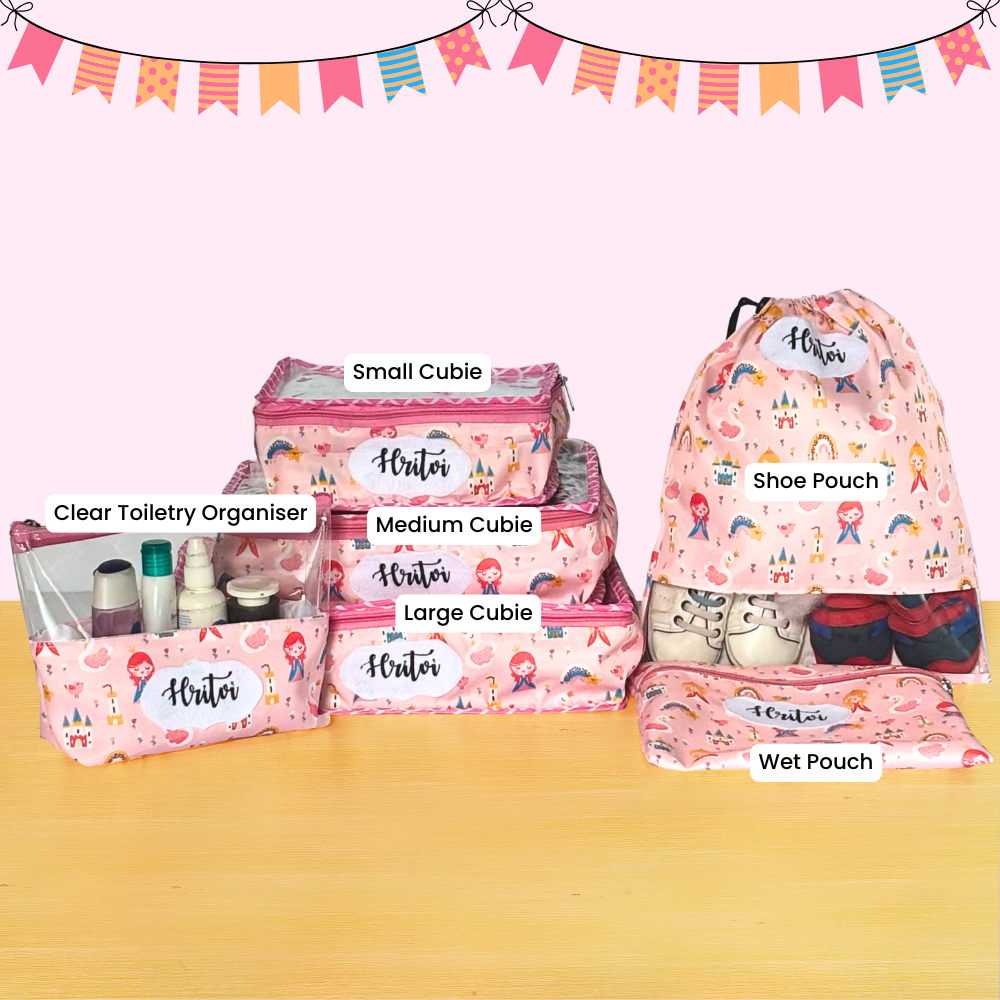 Set of pink travel organizers with labels