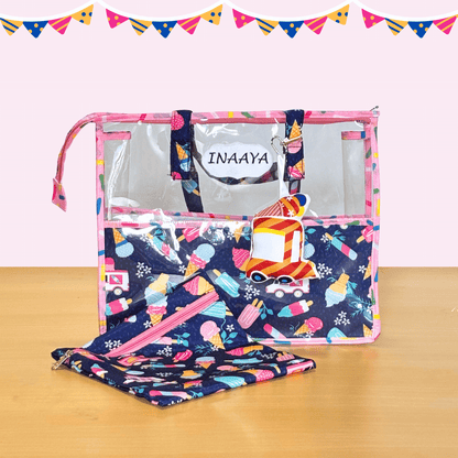 Clear pouch with colorful design