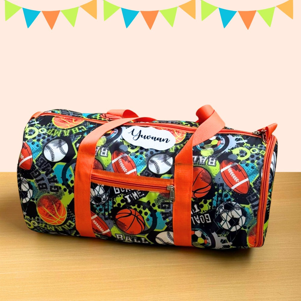Duffel bag with sports-themed