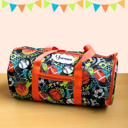Duffel bag with sports-themed